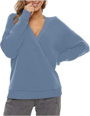 Sexy Cross Wrap v Neck Sweaters for Women Trendy Oversized Long Sleeve Knit Pullover Tops Ladies Casual Sweater
