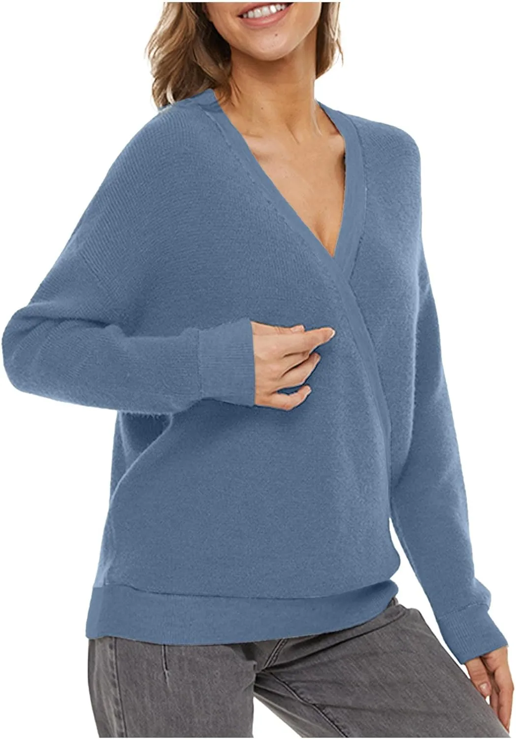 Sexy Cross Wrap v Neck Sweaters for Women Trendy Oversized Long Sleeve Knit Pullover Tops Ladies Casual Sweater