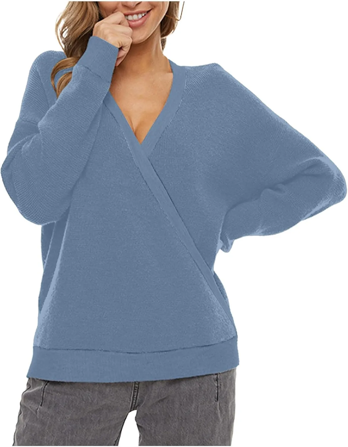 Sexy Cross Wrap v Neck Sweaters for Women Trendy Oversized Long Sleeve Knit Pullover Tops Ladies Casual Sweater