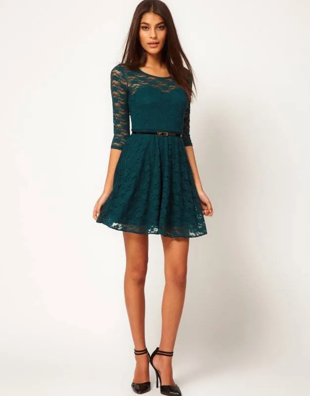 Sexy Spoon Neck 3/4 Sleeve Belt Include Lace colorful Sakter Dress, WL2189