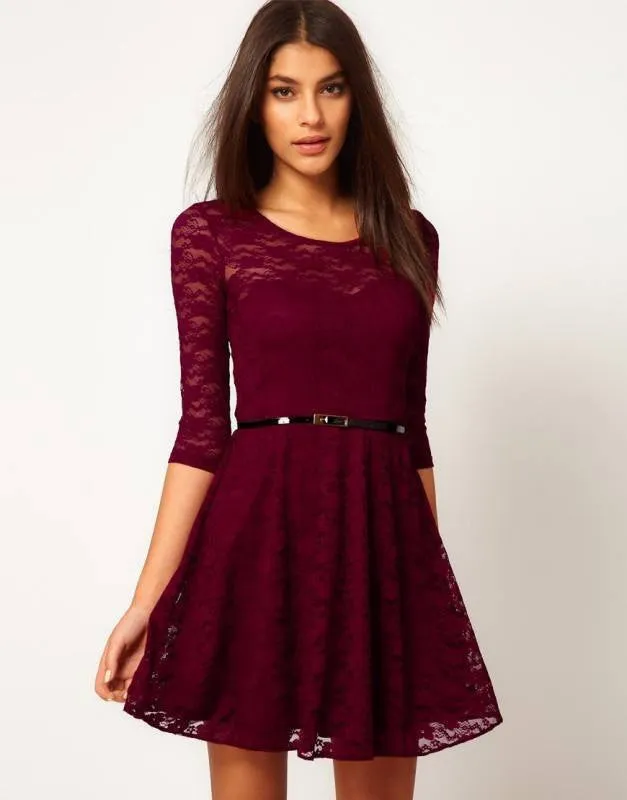 Sexy Spoon Neck 3/4 Sleeve Belt Include Lace colorful Sakter Dress, WL2189