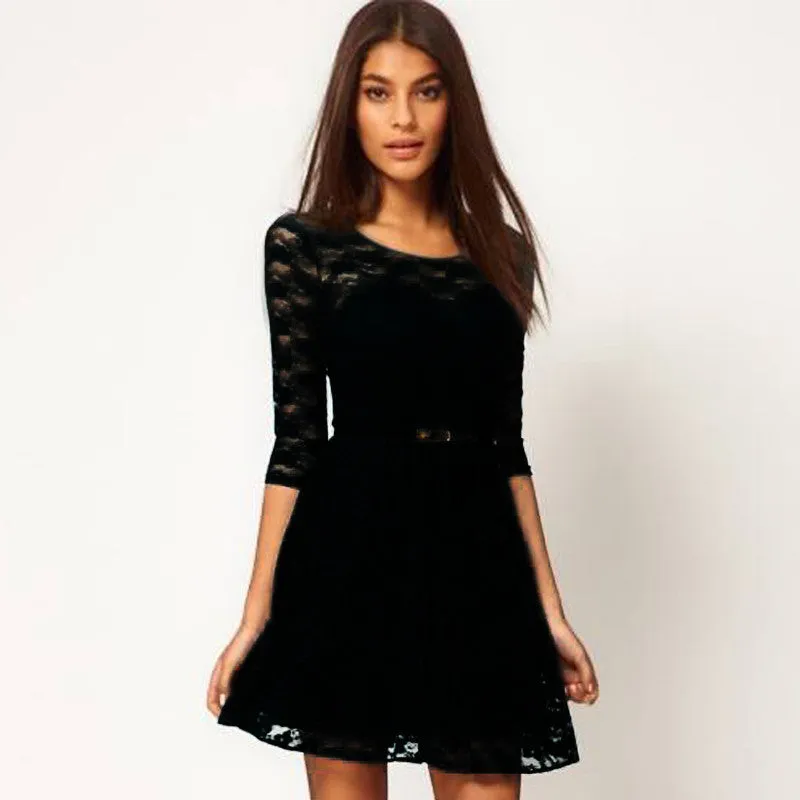 Sexy Spoon Neck 3/4 Sleeve Belt Include Lace colorful Sakter Dress, WL2189