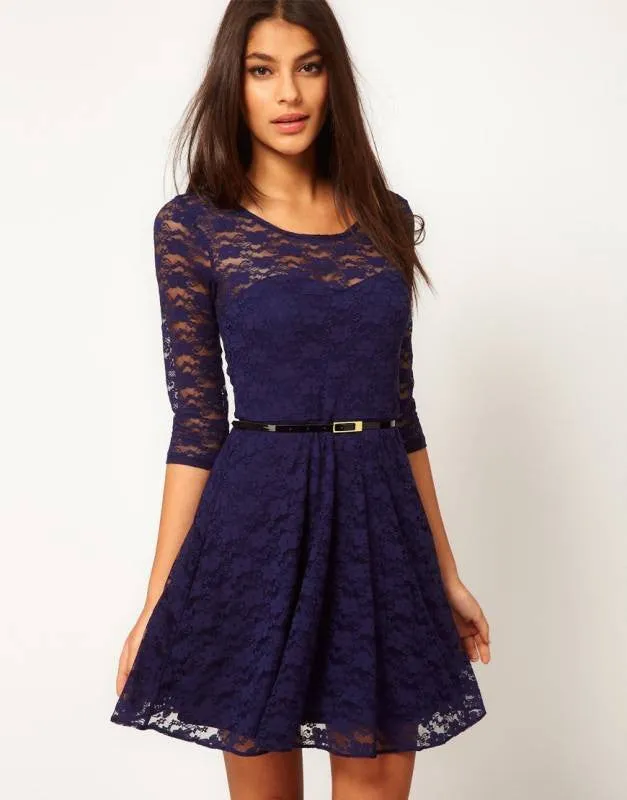 Sexy Spoon Neck 3/4 Sleeve Belt Include Lace colorful Sakter Dress, WL2189