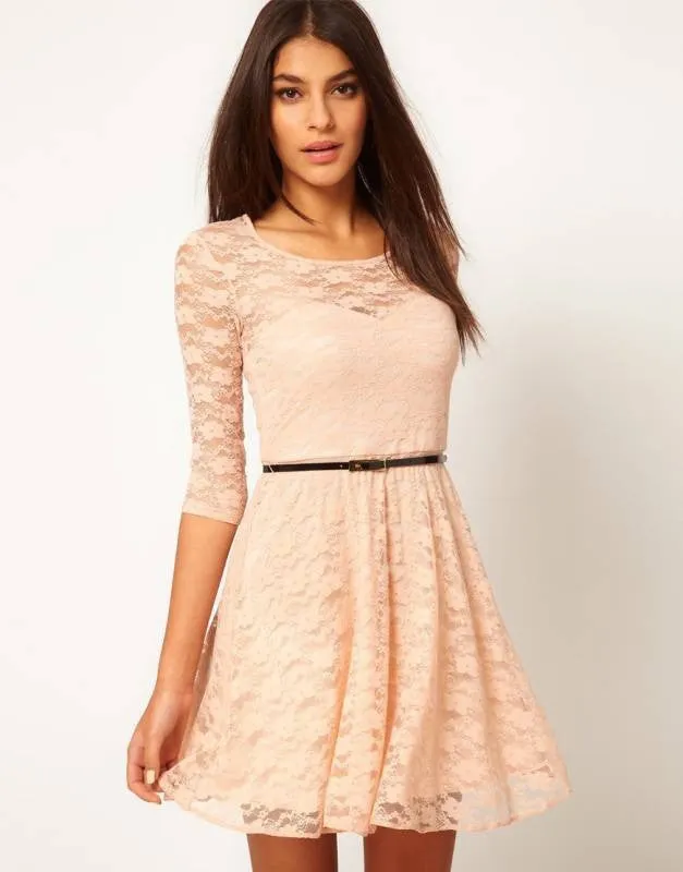 Sexy Spoon Neck 3/4 Sleeve Belt Include Lace colorful Sakter Dress, WL2189