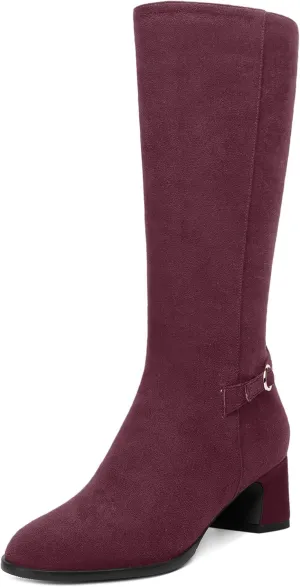 SHOWFOREST Womens Zip Suede Solid Outdoor Round Toe Sexy Chunky Low Heel Mid Calf Boots 2 Inch