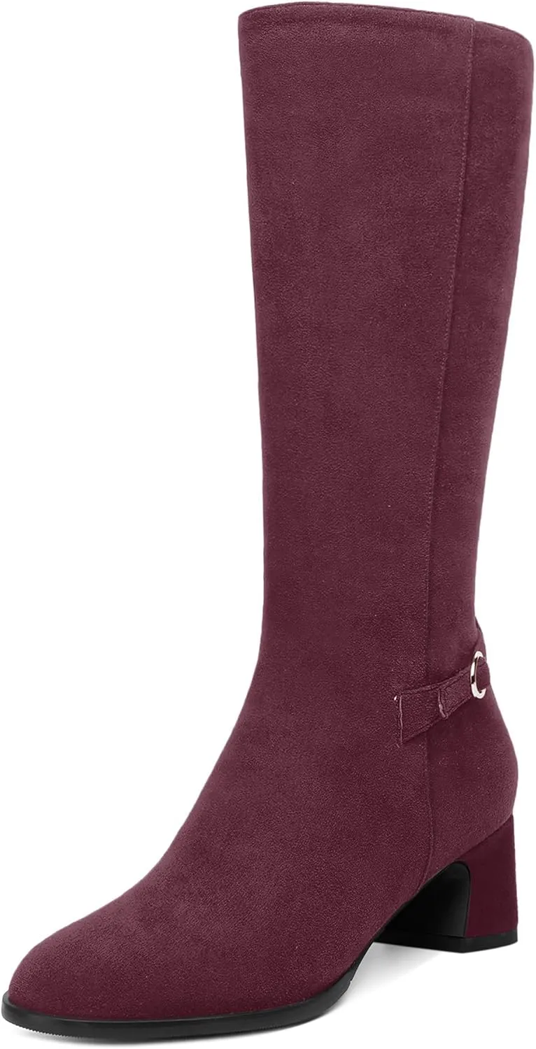 SHOWFOREST Womens Zip Suede Solid Outdoor Round Toe Sexy Chunky Low Heel Mid Calf Boots 2 Inch