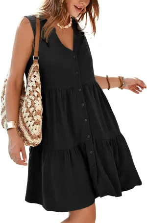 Simplee Women’s Sleeveless Linen Summer Dress Casual Button Down Mini Dress Flowy Beach Sundress with Pockets