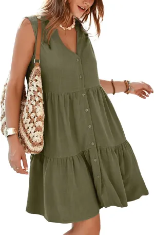 Simplee Women’s Sleeveless Linen Summer Dress Casual Button Down Mini Dress Flowy Beach Sundress with Pockets