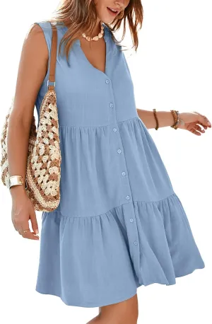 Simplee Women’s Sleeveless Linen Summer Dress Casual Button Down Mini Dress Flowy Beach Sundress with Pockets