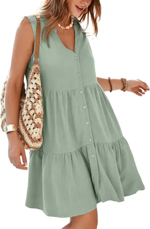 Simplee Women’s Sleeveless Linen Summer Dress Casual Button Down Mini Dress Flowy Beach Sundress with Pockets