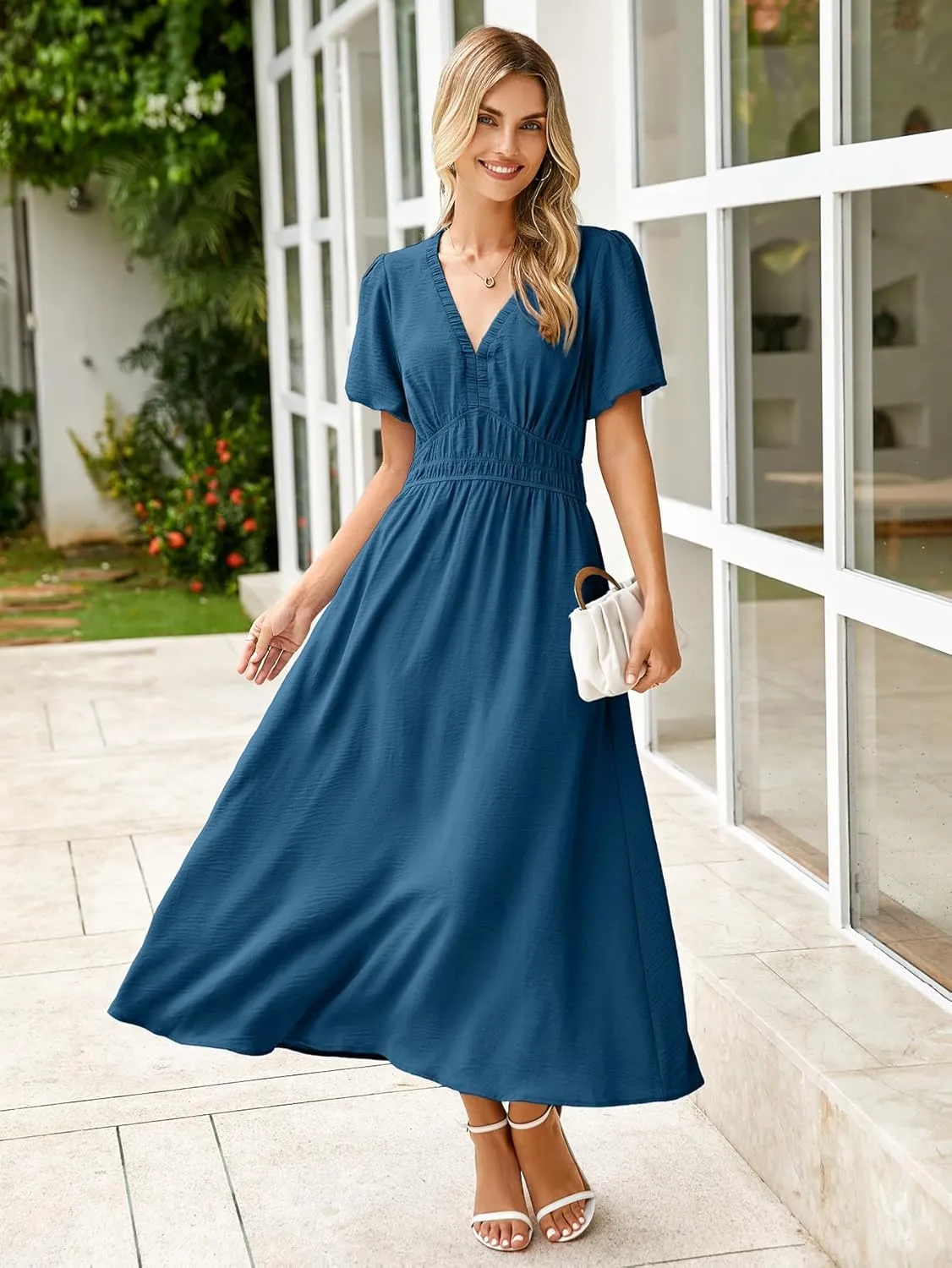 Simplee Women's Summer Flowy Midi Dress Casual V Neck Short Sleeve Empire Waist Boho Beach Dress Wedding Guest Maxi Dress