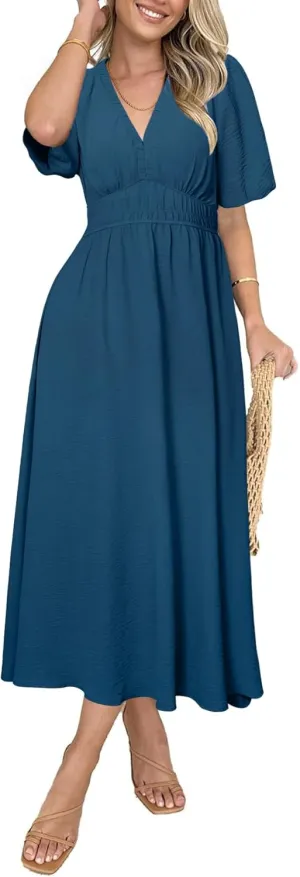 Simplee Women's Summer Flowy Midi Dress Casual V Neck Short Sleeve Empire Waist Boho Beach Dress Wedding Guest Maxi Dress
