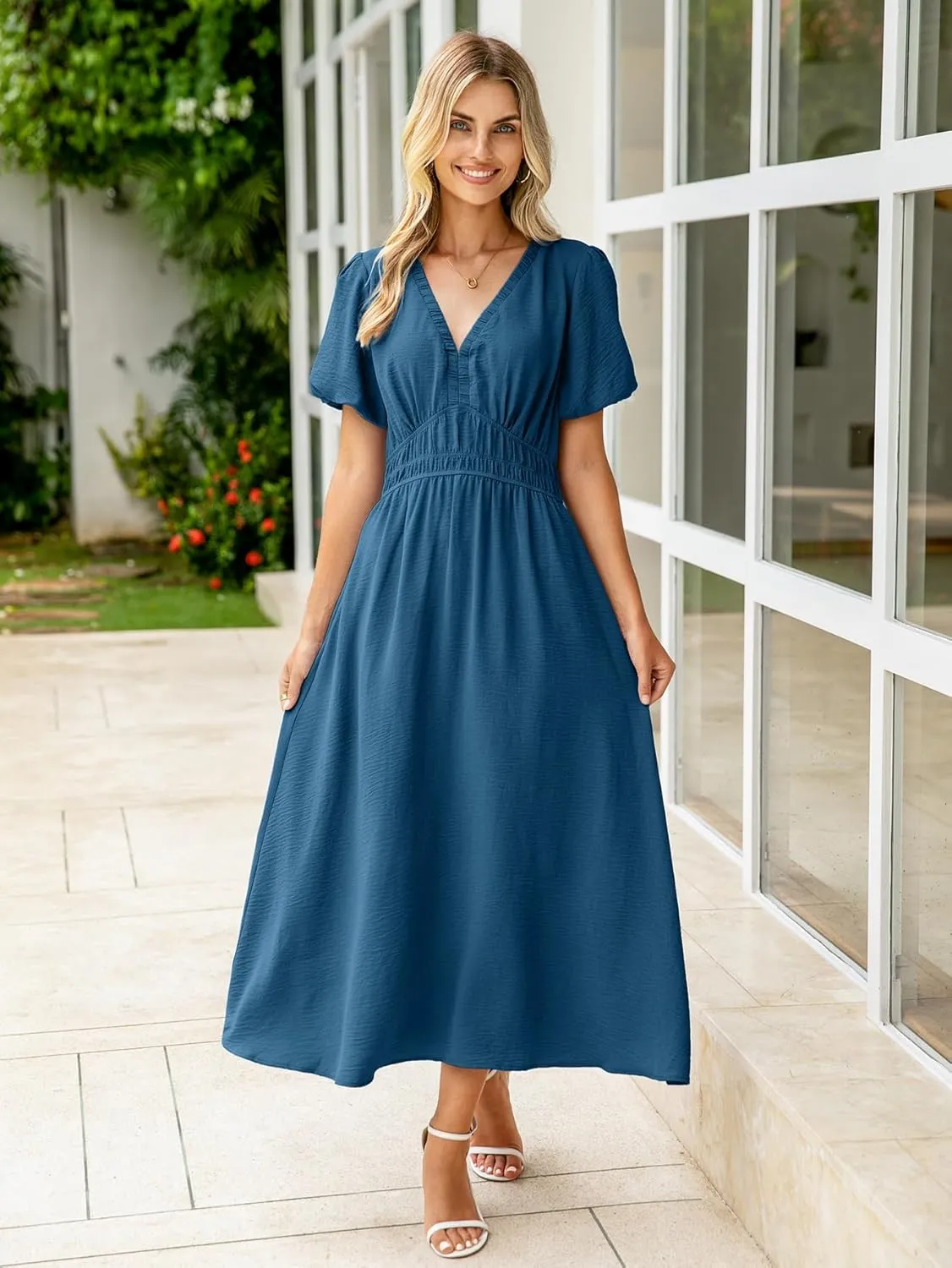Simplee Women's Summer Flowy Midi Dress Casual V Neck Short Sleeve Empire Waist Boho Beach Dress Wedding Guest Maxi Dress