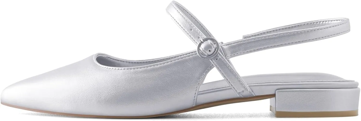 Slingback Flats for Women Mesh Gauze Pointed Toe Low Heels with Buckle Ankle Strap Dress Shoes