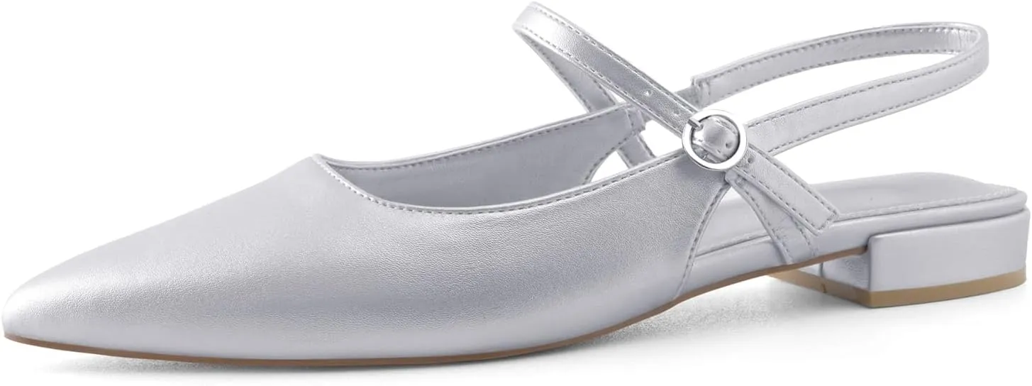 Slingback Flats for Women Mesh Gauze Pointed Toe Low Heels with Buckle Ankle Strap Dress Shoes
