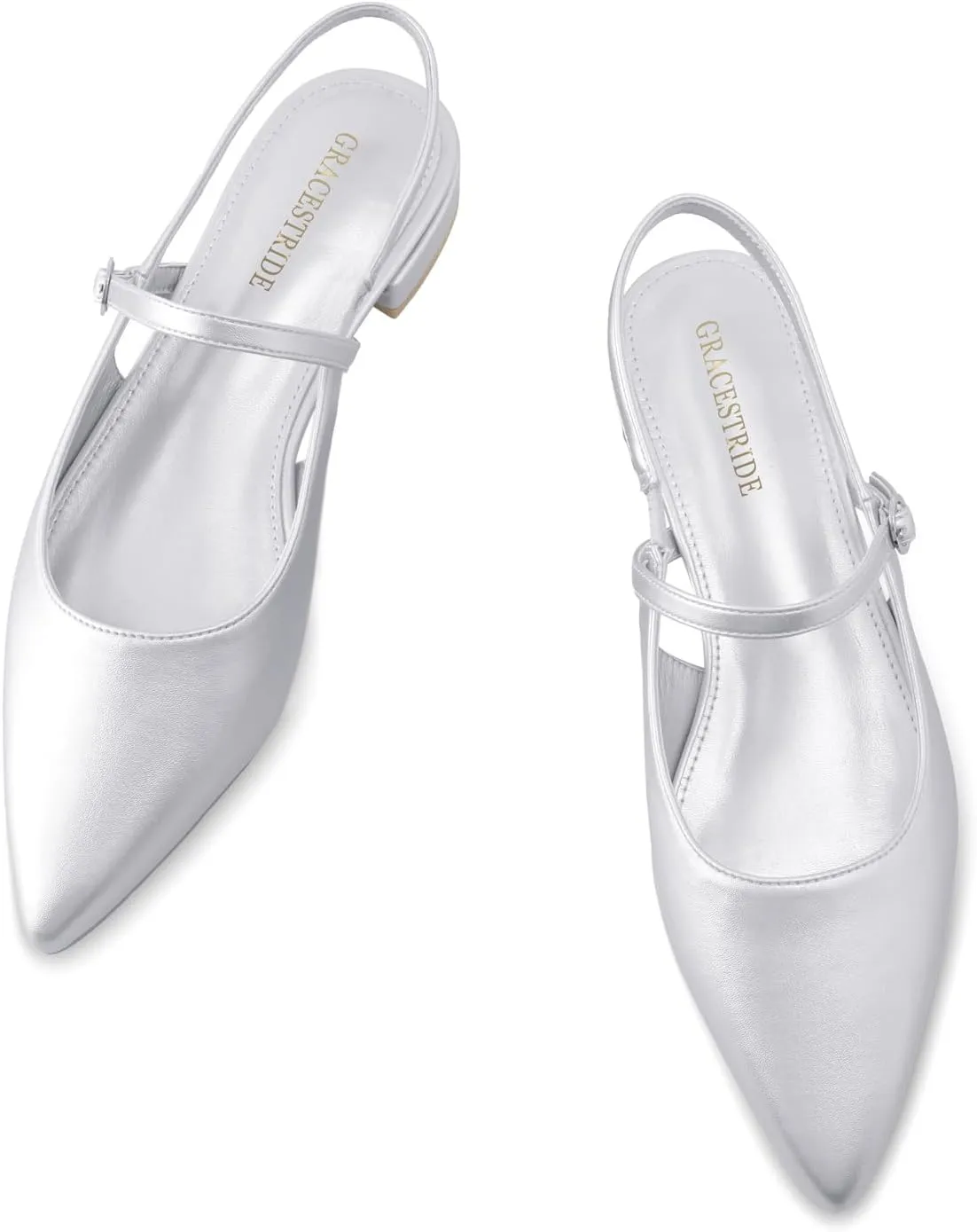 Slingback Flats for Women Mesh Gauze Pointed Toe Low Heels with Buckle Ankle Strap Dress Shoes