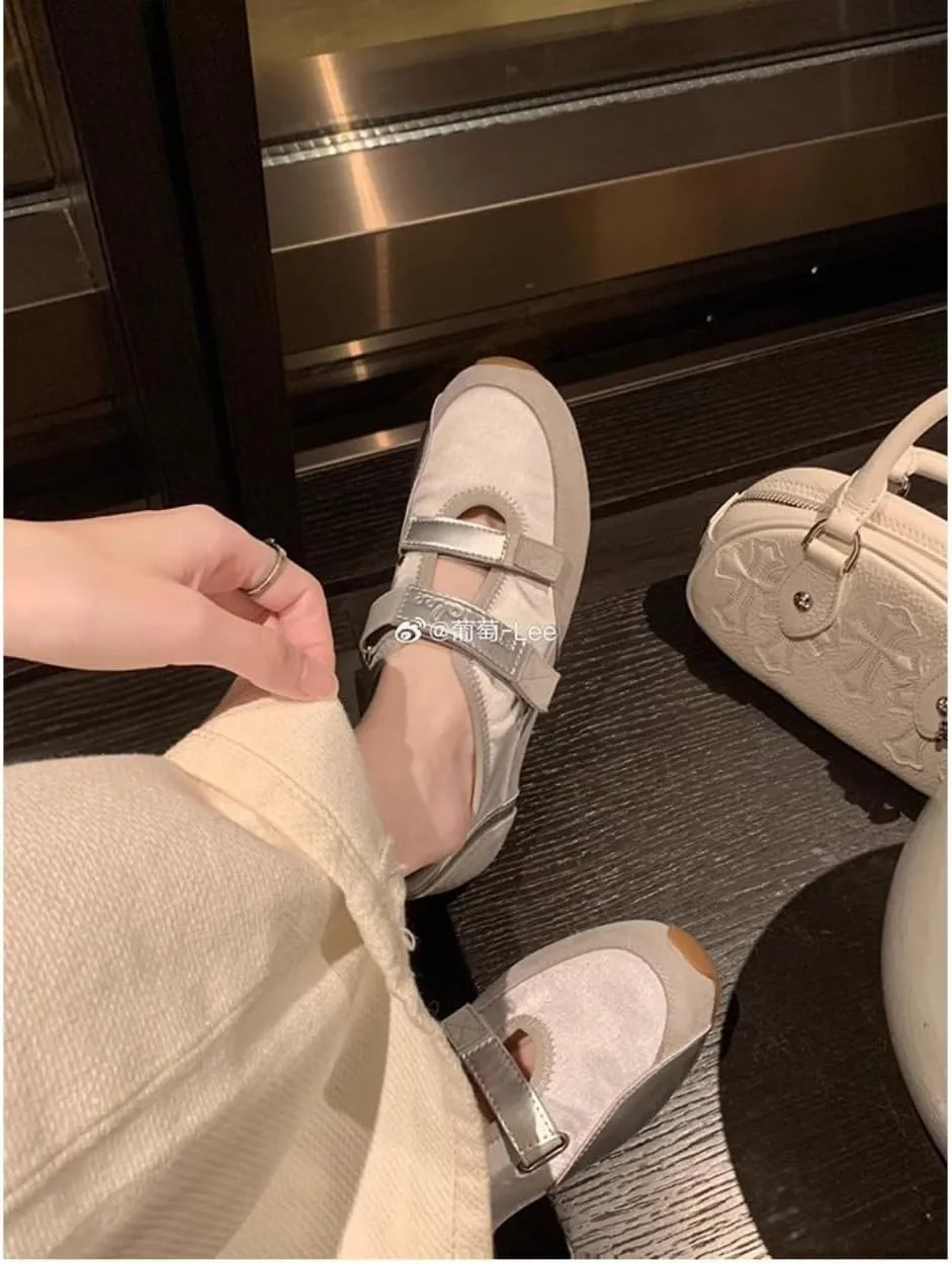 Sneakerina Cute Ballet Sneakers Women Girls Mary Janes Y2K Retro Round Toes Breathable Non-Slip Chunky Sole Flat Leather Platform Tennis Sneakers Preppy Back to School Gifts Daughter Granddaughters