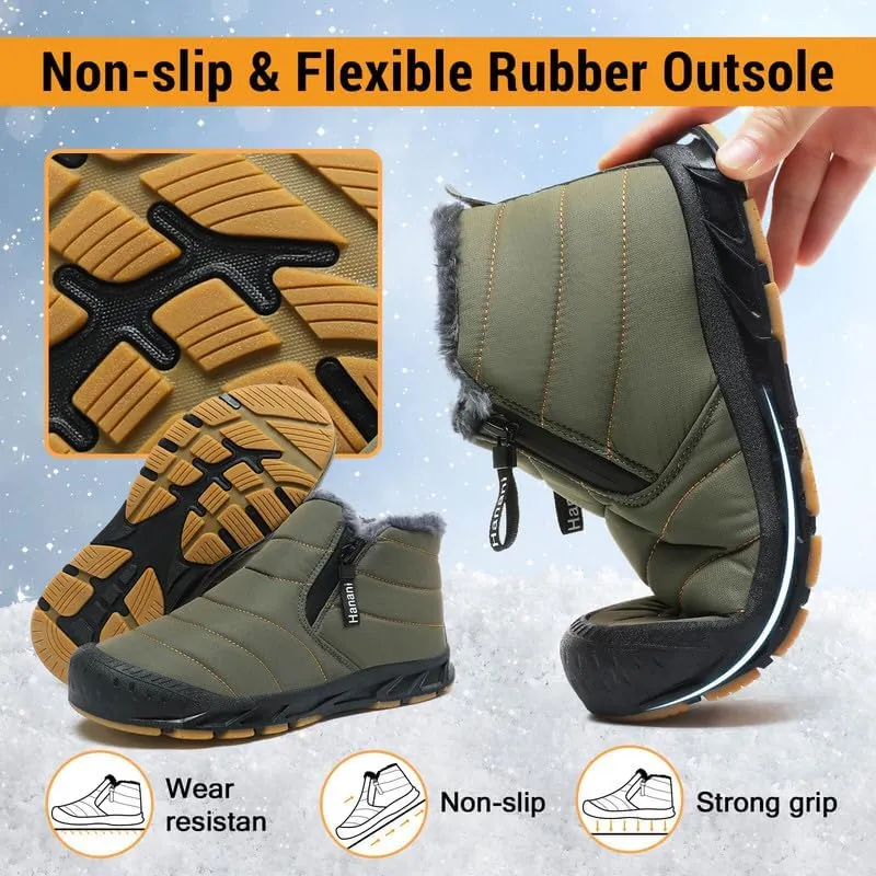 Snow Boots Mens Waterproof Winter Boots Fur Lined Warm Ankle Boots Zipper Closure Slip on Outdoor Boot Comfortable Walking Shoes