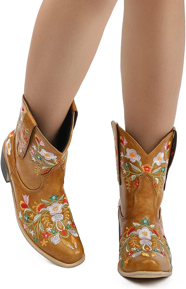SO SIMPOK Women Classic Cowgirl Boots Ladies Retro Ankle Boots Embroidered Western Short Boots