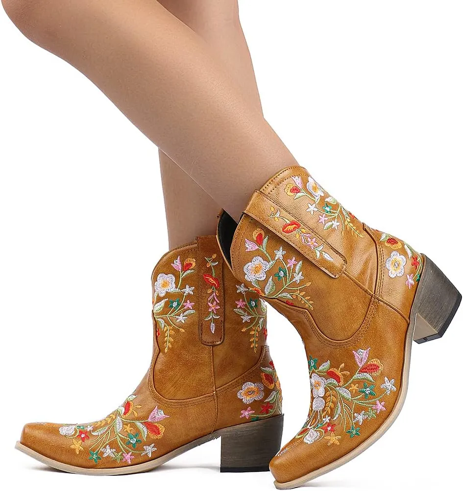 SO SIMPOK Women Classic Cowgirl Boots Ladies Retro Ankle Boots Embroidered Western Short Boots