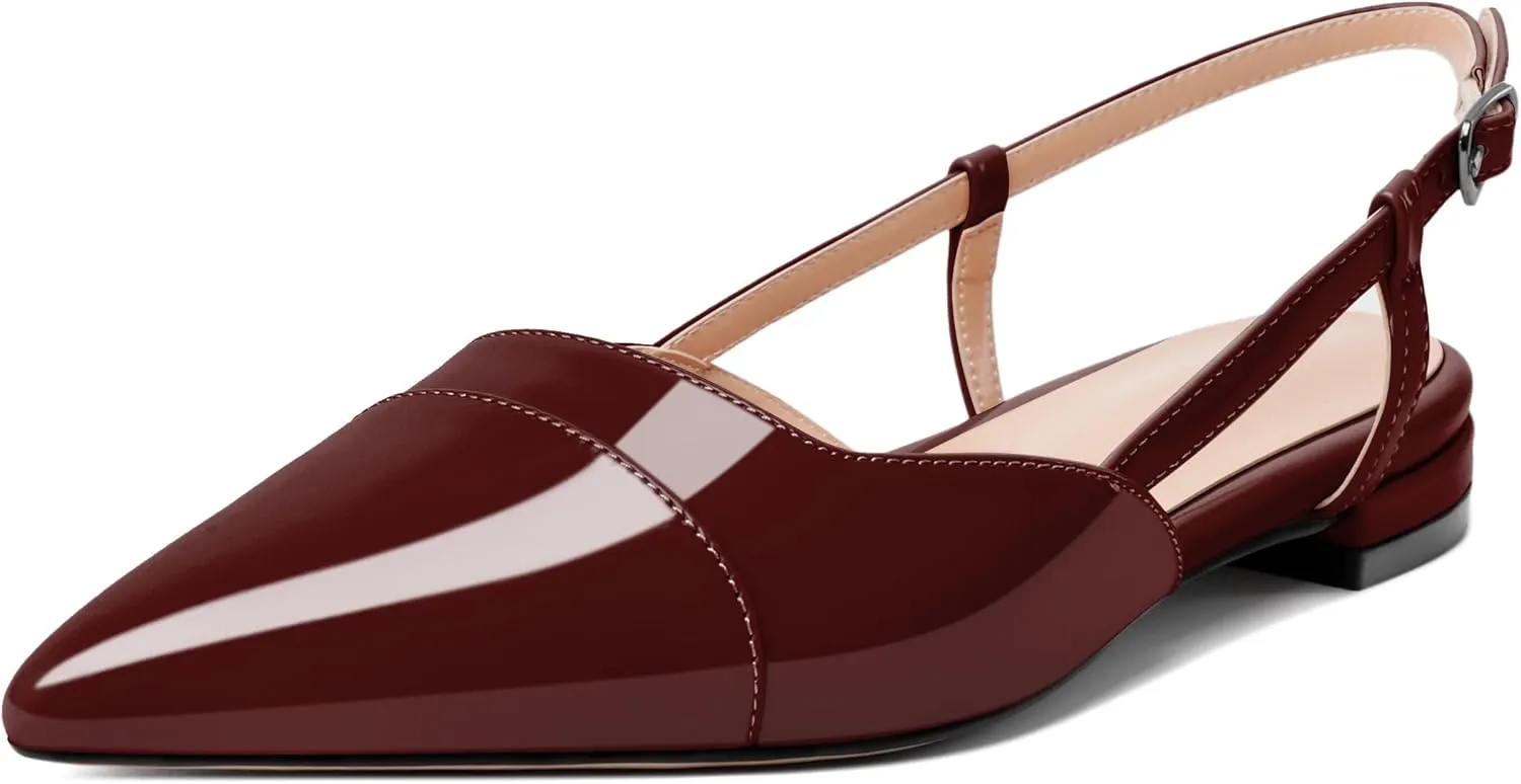 Soireelady Women's Pointed Toe Slingback Flats Ankle Strap Cap Toe Flats Leisure Walking Travel Office Ballet Flat Shoes