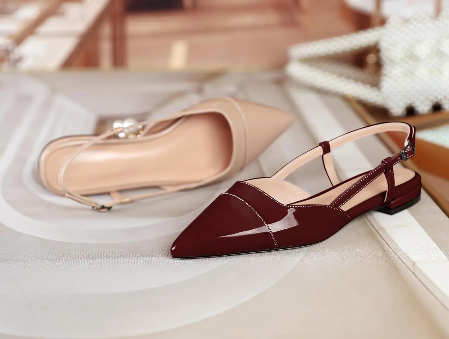 Soireelady Women's Pointed Toe Slingback Flats Ankle Strap Cap Toe Flats Leisure Walking Travel Office Ballet Flat Shoes