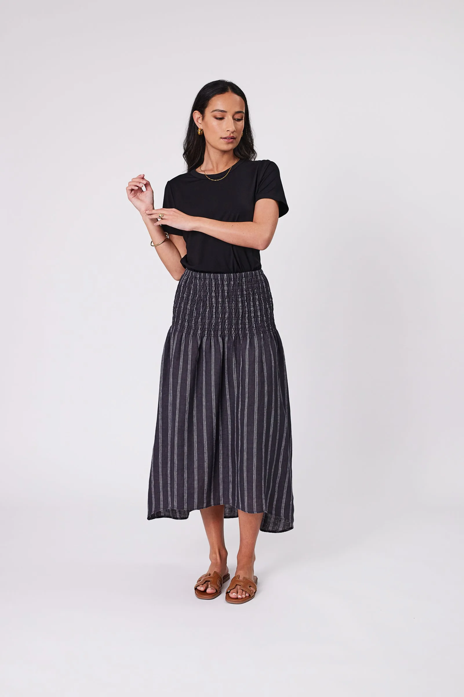 Sol Shirred Skirt - Ink Stripe