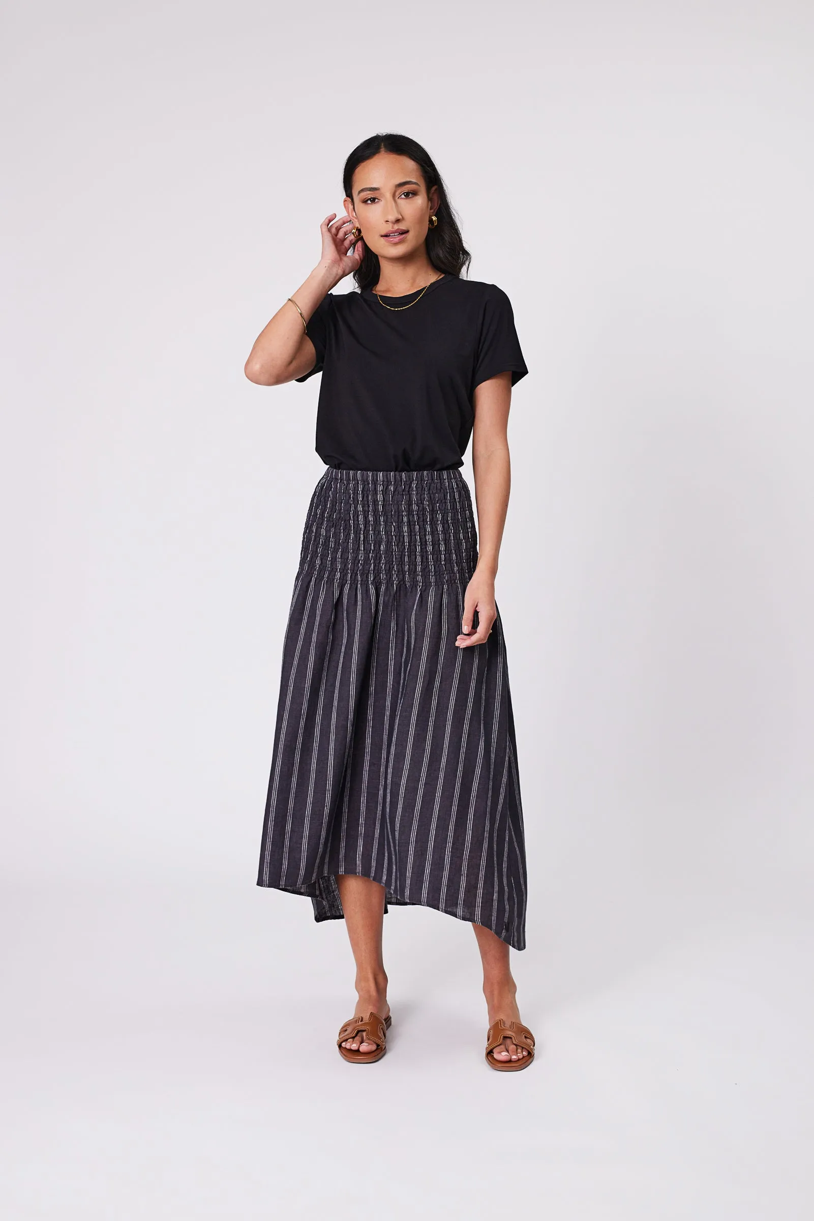 Sol Shirred Skirt - Ink Stripe