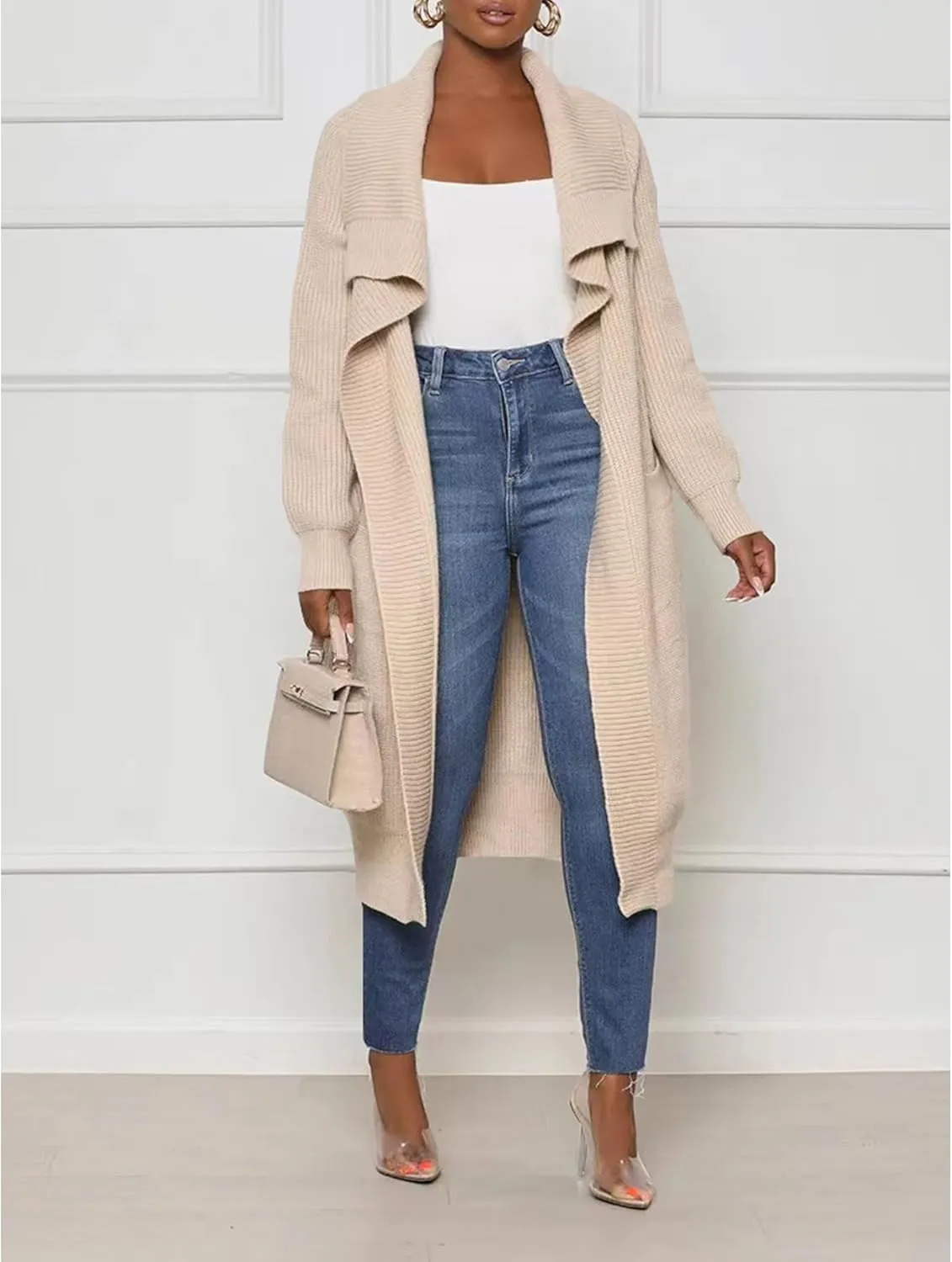 SOMTHRON Women's Oversized Open Front Cardigan Ribbed Knit Sweaters Long Sleeve Collared Falll Draped Coat Outwear