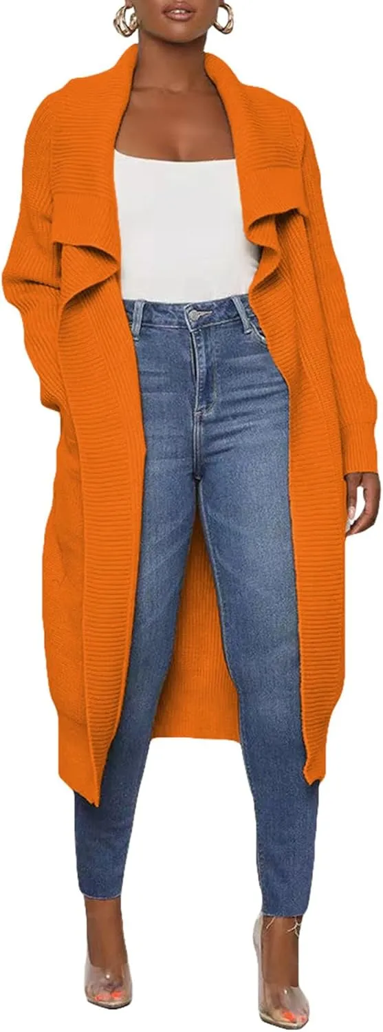 SOMTHRON Women's Oversized Open Front Cardigan Ribbed Knit Sweaters Long Sleeve Collared Falll Draped Coat Outwear