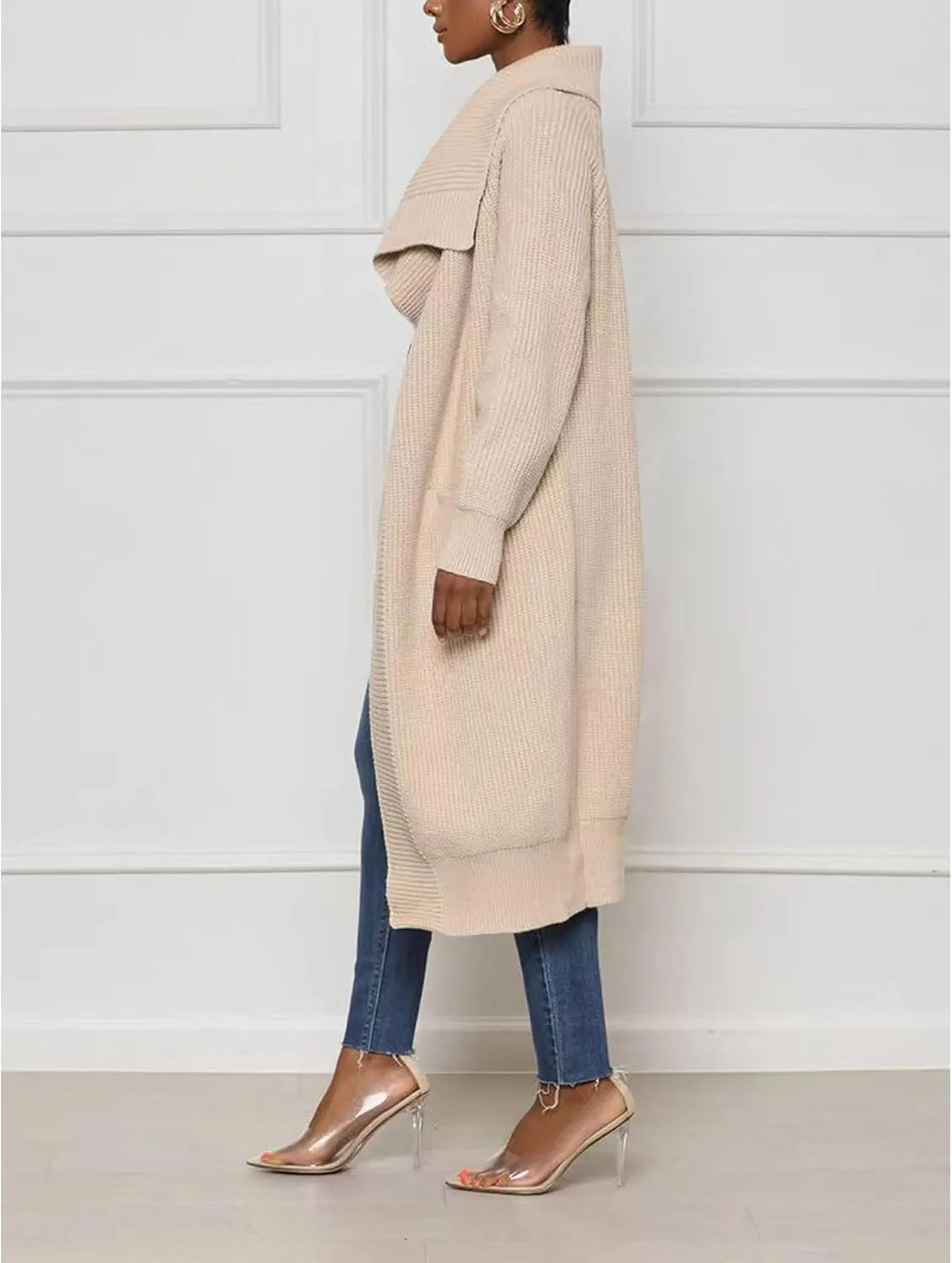SOMTHRON Women's Oversized Open Front Cardigan Ribbed Knit Sweaters Long Sleeve Collared Falll Draped Coat Outwear