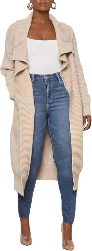 SOMTHRON Women's Oversized Open Front Cardigan Ribbed Knit Sweaters Long Sleeve Collared Falll Draped Coat Outwear