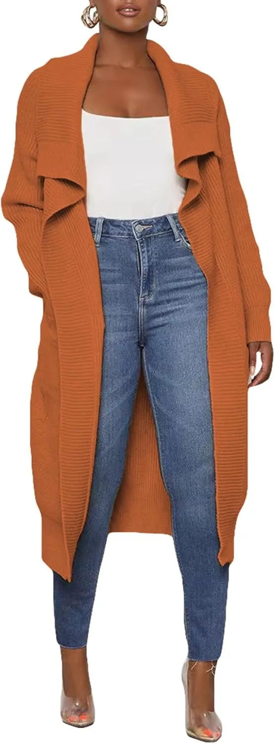 SOMTHRON Women's Oversized Open Front Cardigan Ribbed Knit Sweaters Long Sleeve Collared Falll Draped Coat Outwear