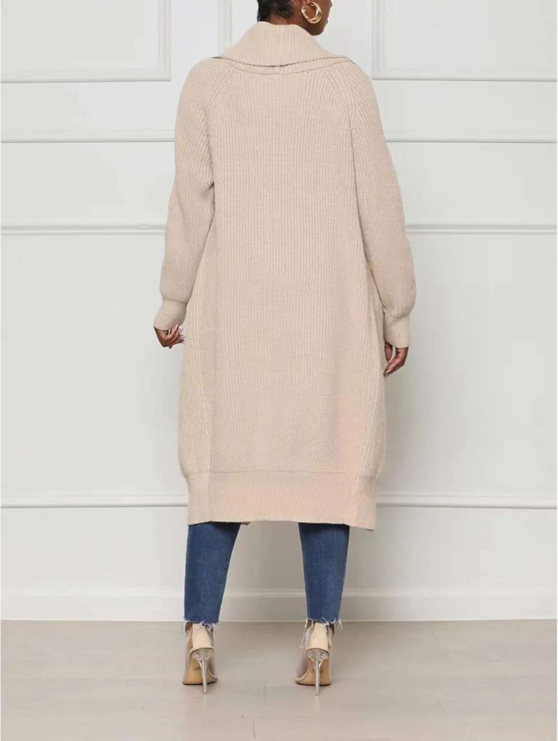 SOMTHRON Women's Oversized Open Front Cardigan Ribbed Knit Sweaters Long Sleeve Collared Falll Draped Coat Outwear