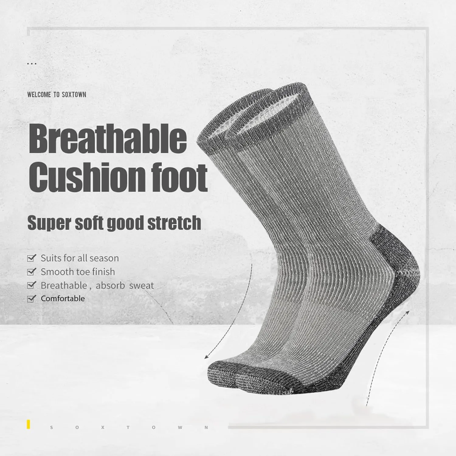 SOX TOWN Men's Merino Wool Cushion Crew Socks Moisture Wicking Control for Outdoor Hiking Work Boot Thermal Warm All Seasons