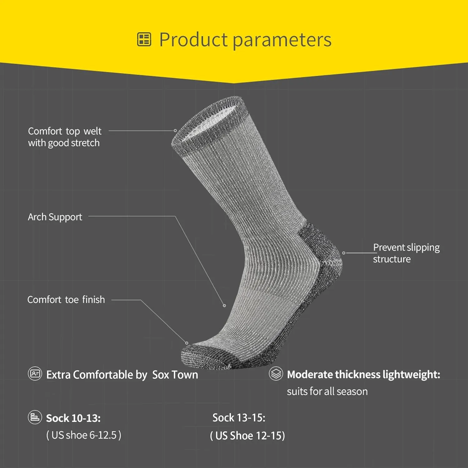 SOX TOWN Men's Merino Wool Cushion Crew Socks Moisture Wicking Control for Outdoor Hiking Work Boot Thermal Warm All Seasons