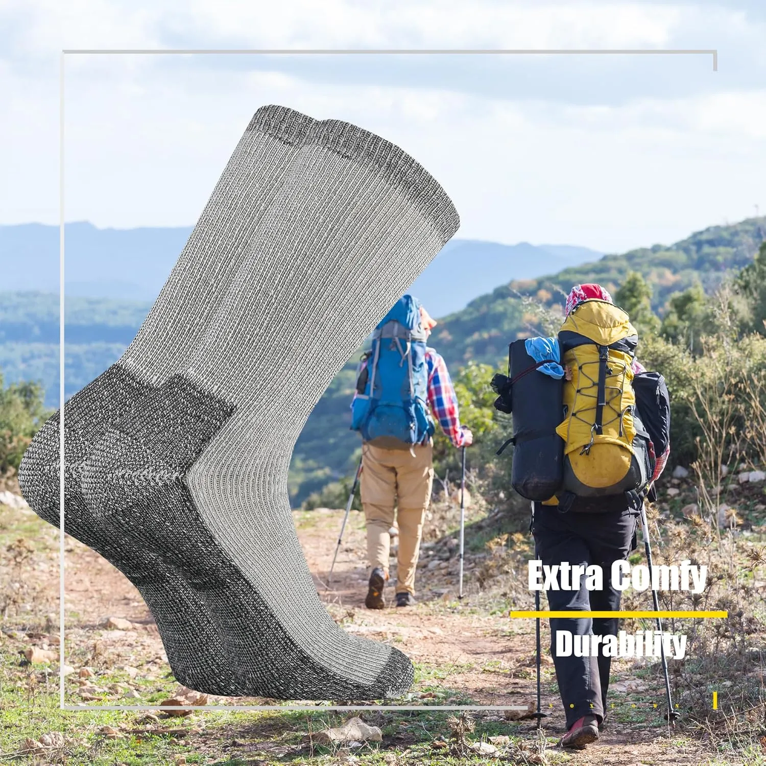 SOX TOWN Men's Merino Wool Cushion Crew Socks Moisture Wicking Control for Outdoor Hiking Work Boot Thermal Warm All Seasons