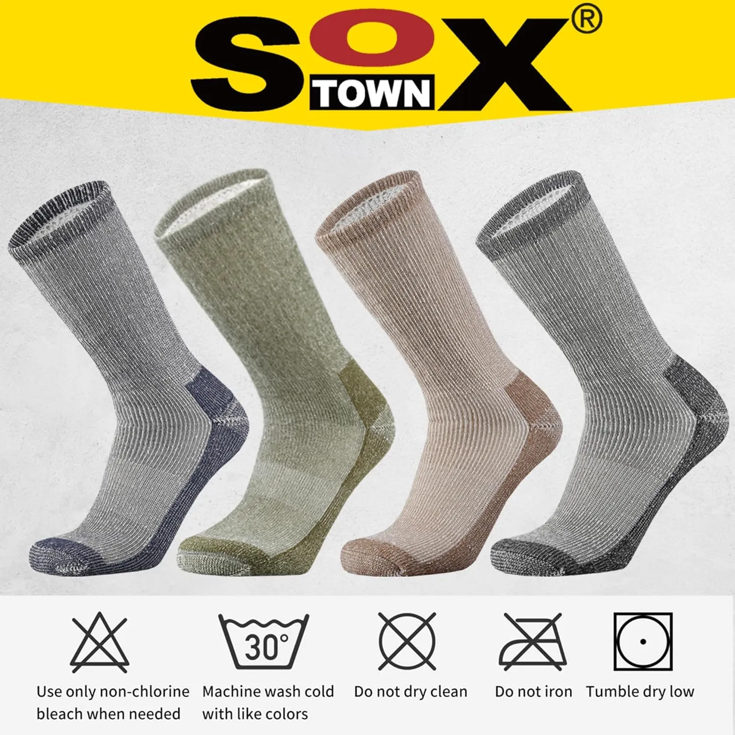 SOX TOWN Men's Merino Wool Cushion Crew Socks Moisture Wicking Control for Outdoor Hiking Work Boot Thermal Warm All Seasons