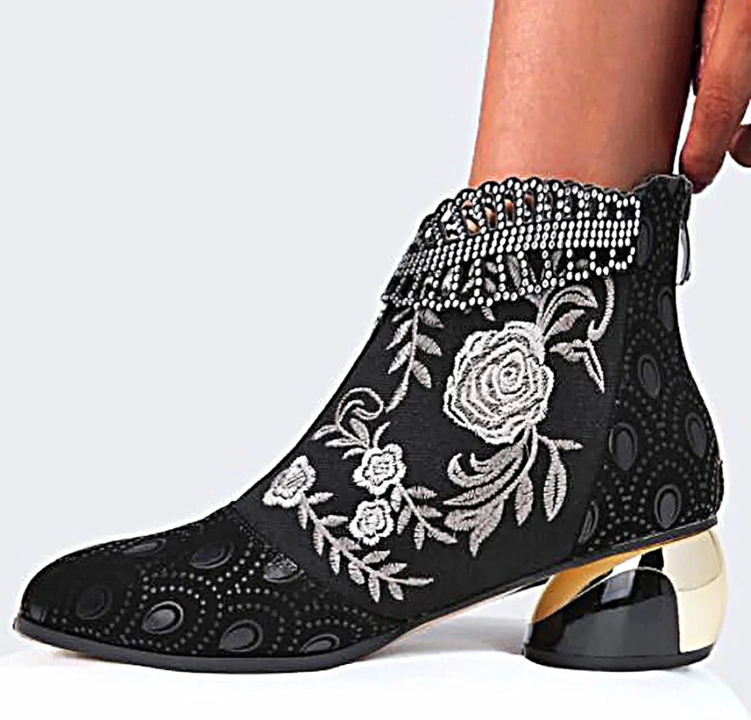 Sparkly Rhinestones Ankle Boots for Women Chunky Heel Vintage Pointed Toe Flower Embroidery Hollow Slip on Mid Heel Booties Retro Casual Ladies Shoes