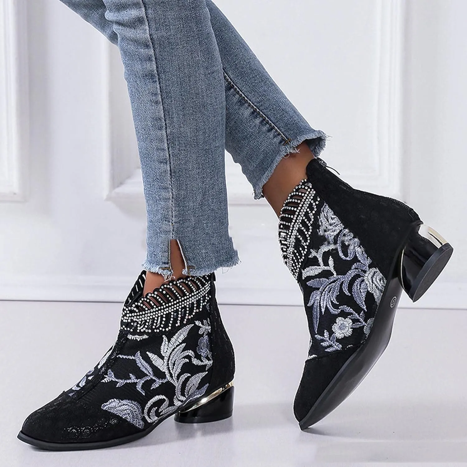 Sparkly Rhinestones Ankle Boots for Women Chunky Heel Vintage Pointed Toe Flower Embroidery Hollow Slip on Mid Heel Booties Retro Casual Ladies Shoes
