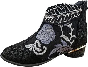 Sparkly Rhinestones Ankle Boots for Women Chunky Heel Vintage Pointed Toe Flower Embroidery Hollow Slip on Mid Heel Booties Retro Casual Ladies Shoes