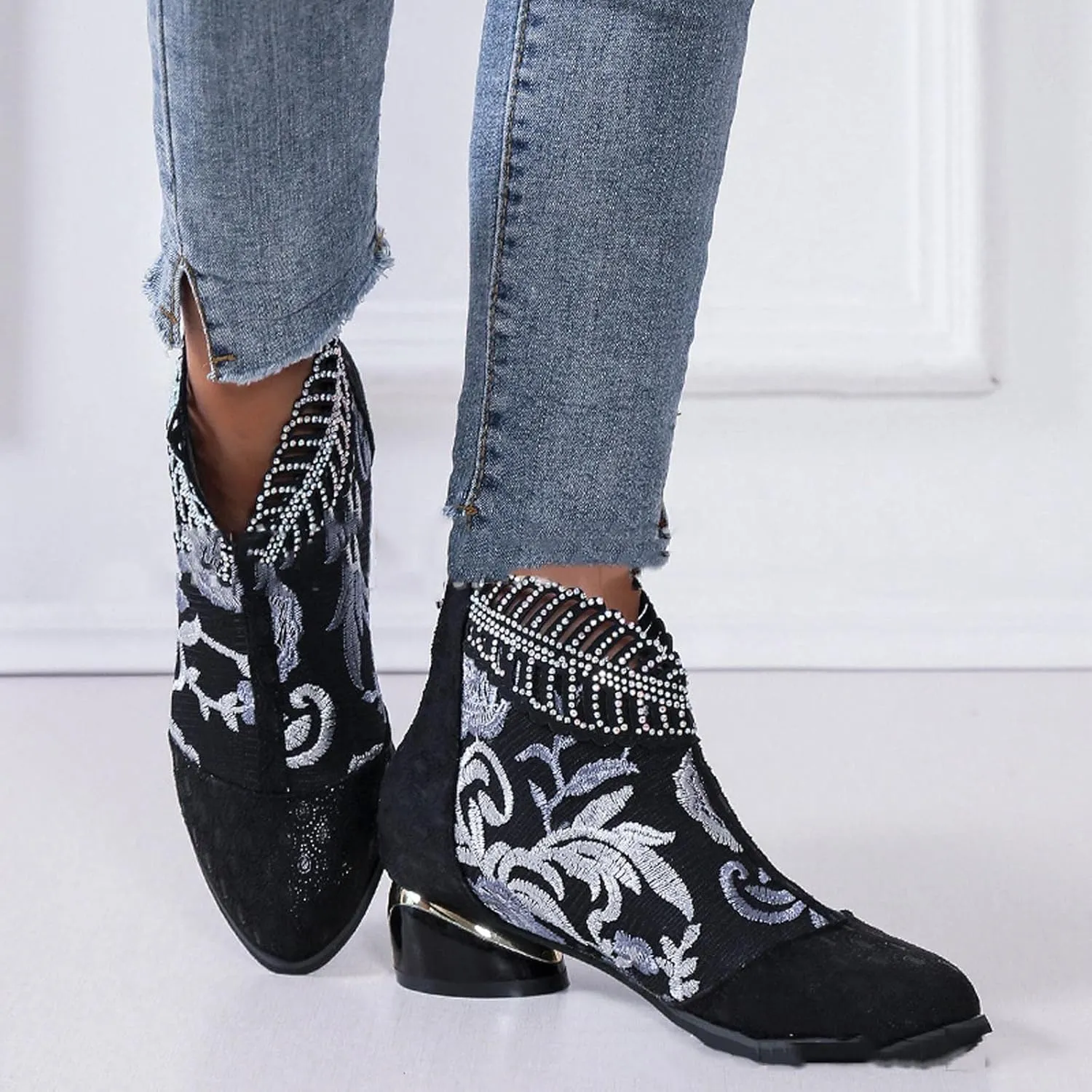 Sparkly Rhinestones Ankle Boots for Women Chunky Heel Vintage Pointed Toe Flower Embroidery Hollow Slip on Mid Heel Booties Retro Casual Ladies Shoes