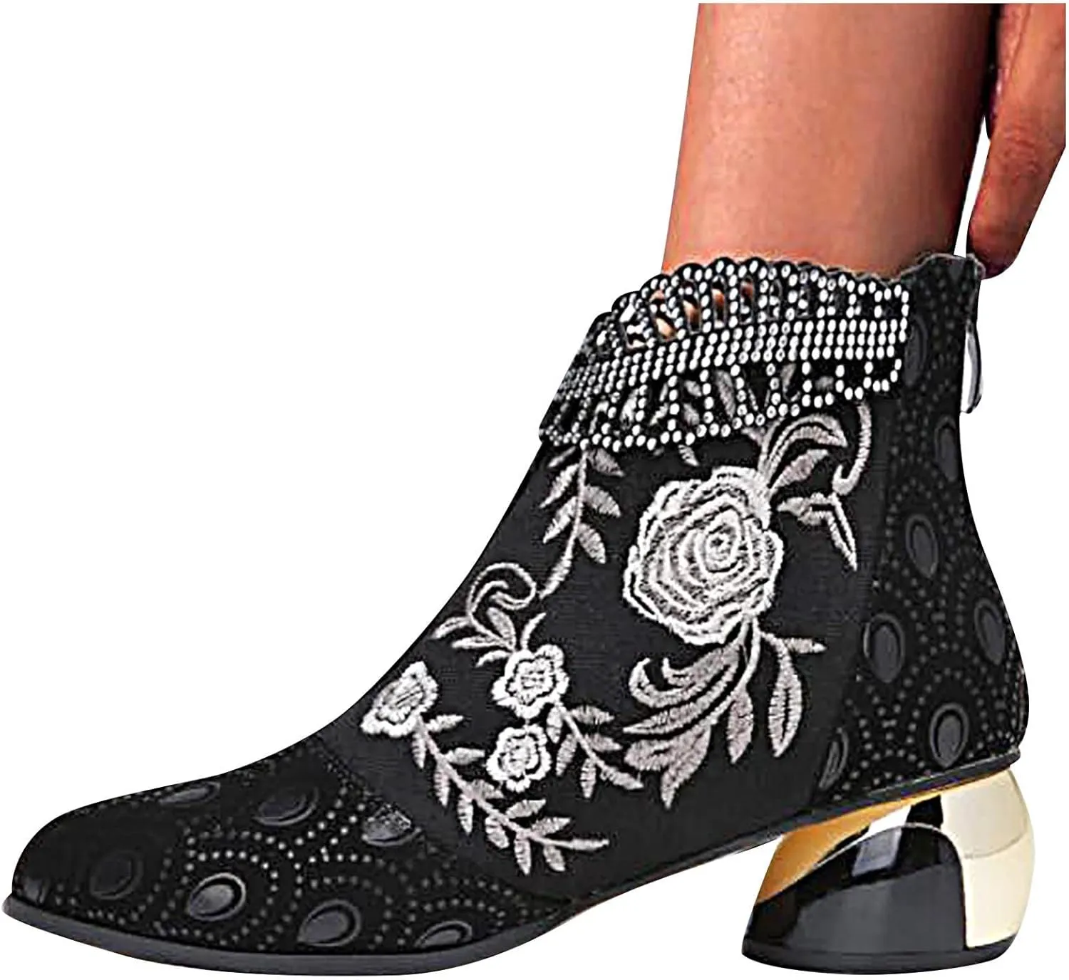 Sparkly Rhinestones Ankle Boots for Women Chunky Heel Vintage Pointed Toe Flower Embroidery Hollow Slip on Mid Heel Booties Retro Casual Ladies Shoes
