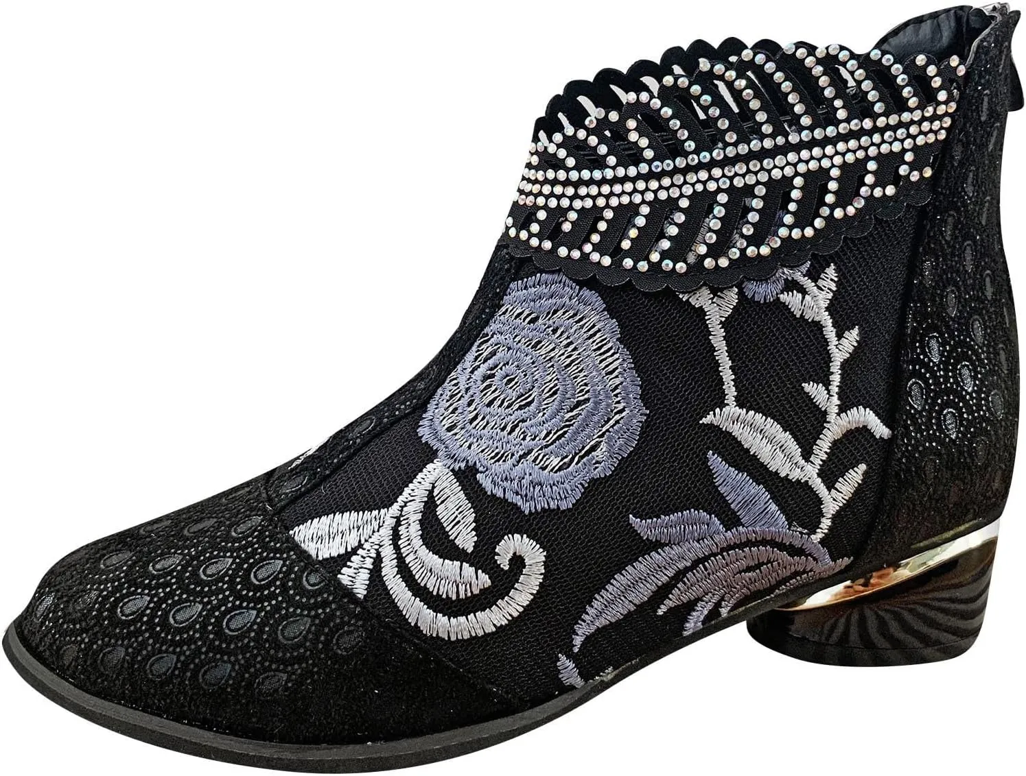 Sparkly Rhinestones Ankle Boots for Women Chunky Heel Vintage Pointed Toe Flower Embroidery Hollow Slip on Mid Heel Booties Retro Casual Ladies Shoes