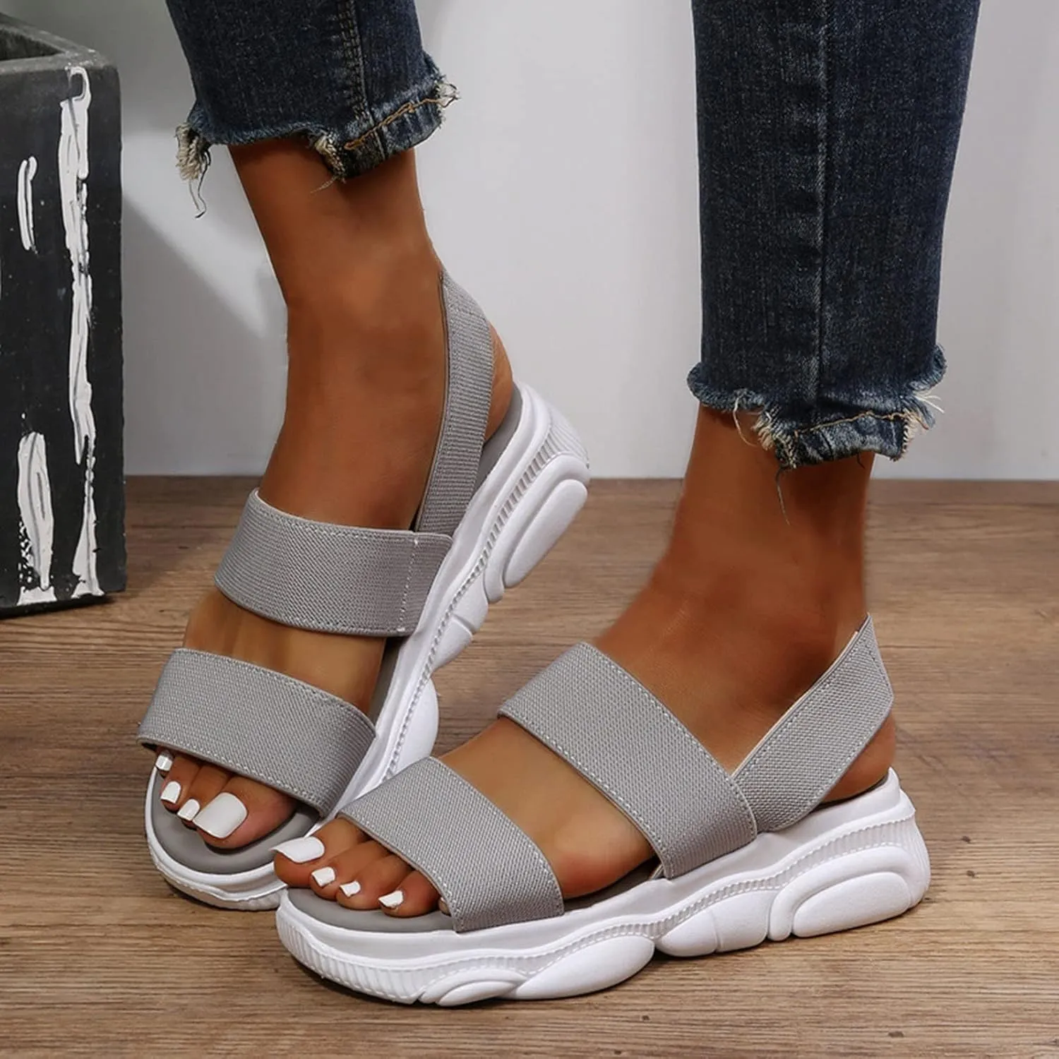 Sports Sandals for Women Platform Summer Casual Elastic Straps Fish Mouth Open Toe Slip-on Sandals Eva Solid Comfy Soft Sole Non-Slip Beach Shoes