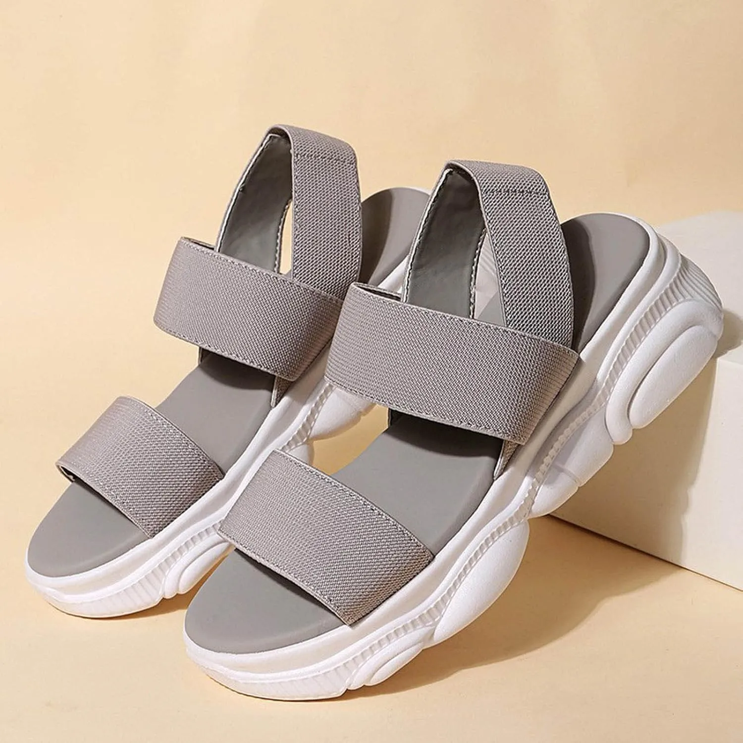 Sports Sandals for Women Platform Summer Casual Elastic Straps Fish Mouth Open Toe Slip-on Sandals Eva Solid Comfy Soft Sole Non-Slip Beach Shoes