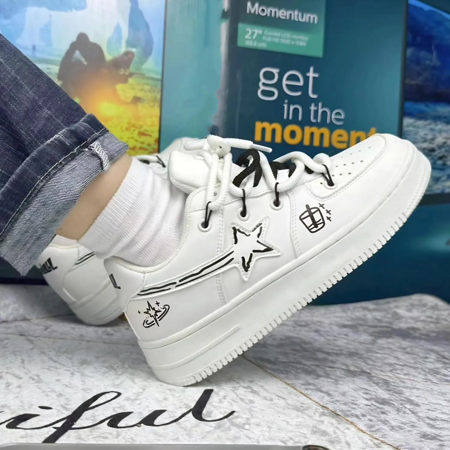Star Graffiti Platform Shoes Fashion Chunky Sneakers Women Casual Aesthetic Basketball Skateboard Shoes Couple Shoes
