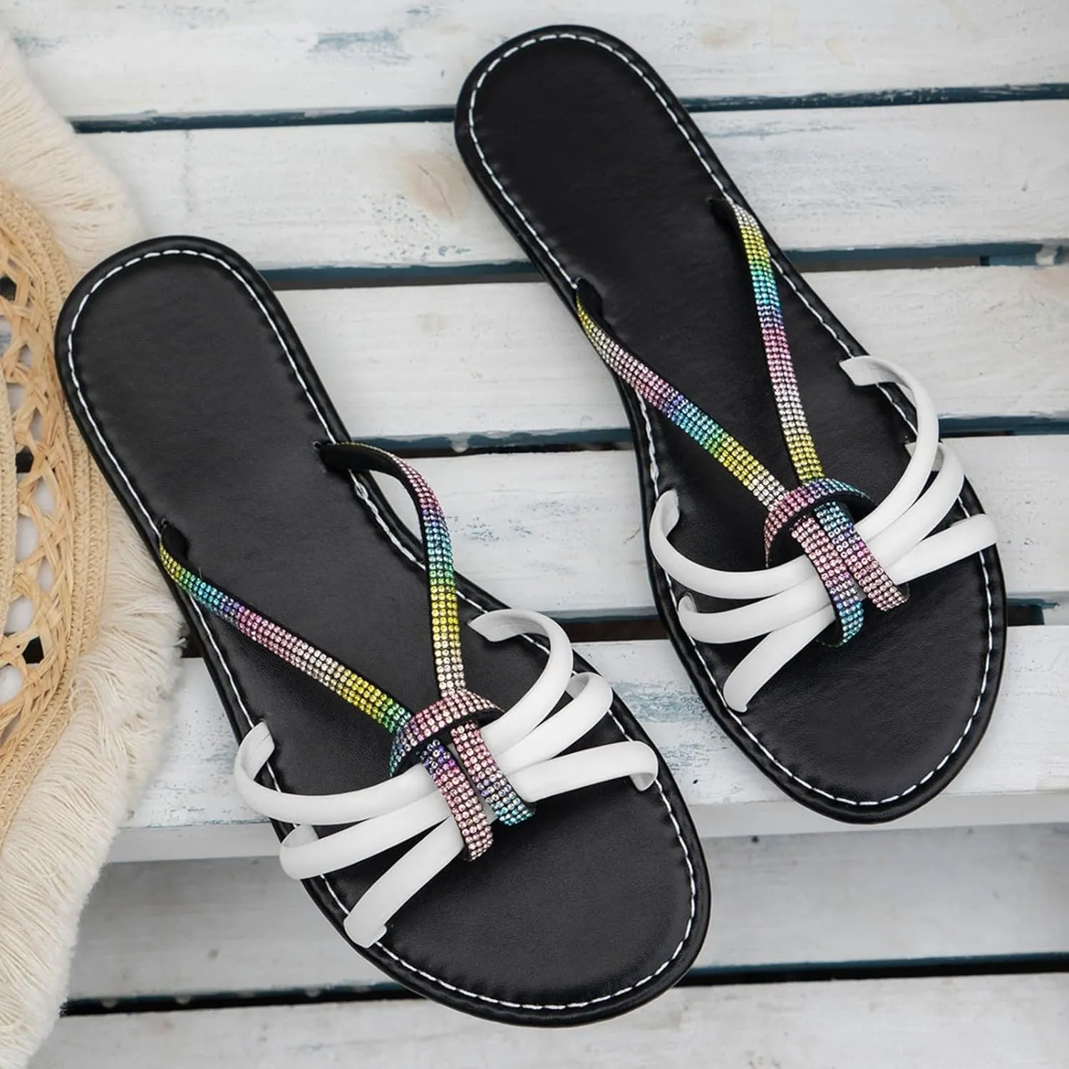 SuanlaTDS Flat Summer Sandals for Women 2025, Rhinestones Strap Dressy Beach Comfortable Low Heel Glitter Slides Slippers Slip-on Boho Wedding Shoes Open Toe Walking Bohemian Outdoor Party Sandal