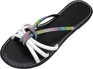 SuanlaTDS Flat Summer Sandals for Women 2025, Rhinestones Strap Dressy Beach Comfortable Low Heel Glitter Slides Slippers Slip-on Boho Wedding Shoes Open Toe Walking Bohemian Outdoor Party Sandal