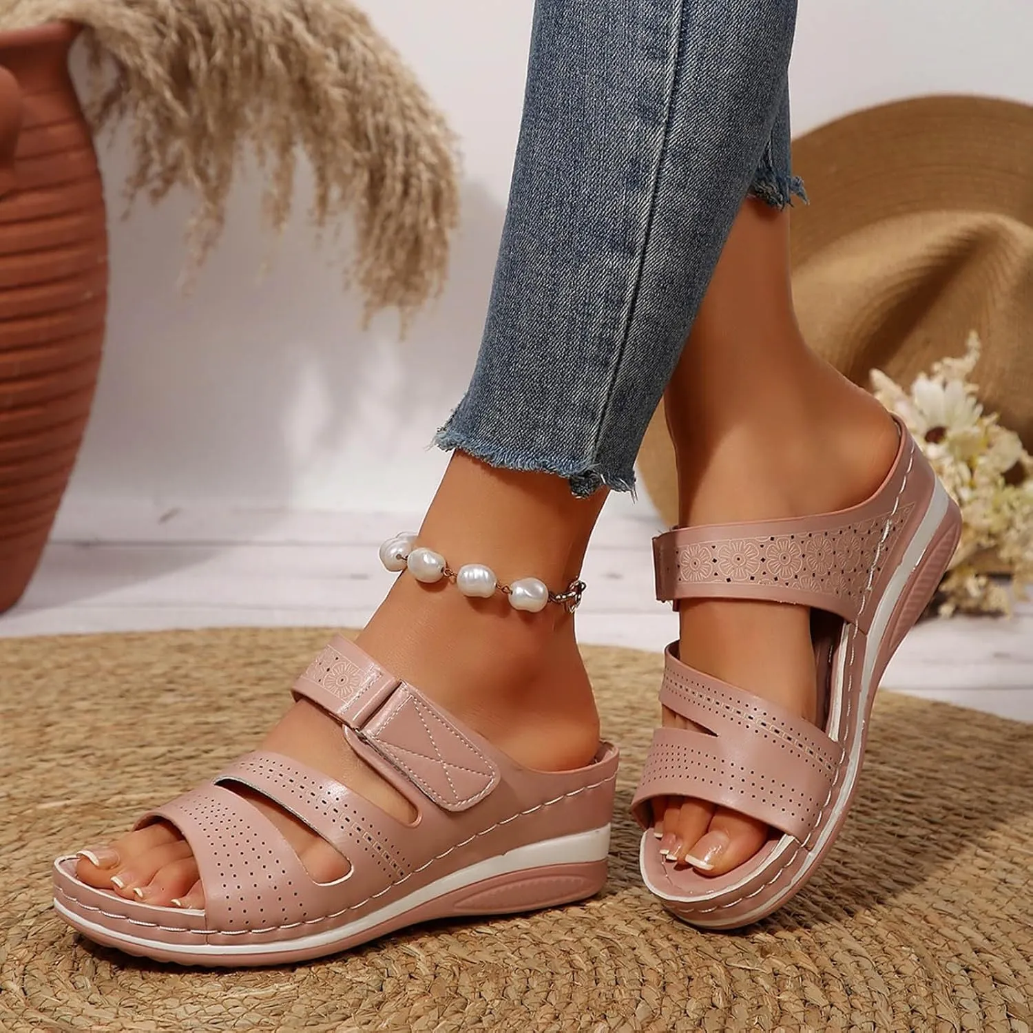 SuanlaTDS Wedge Sandals for Women Comfortable Platform Open Toe Slip On Orthopedic Sandals with Arch Support High Heels Slide Sandals Casual Summer Beach Boho Outdoor Walking Shoes